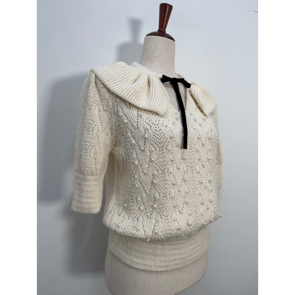Zara Pearl Ruffle Collar Sweater Medium Cream Pointelle Knit Short Slveeve